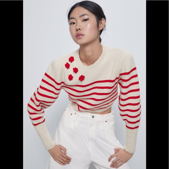 Zara Sweaters - Zara Knit Striped Floral Sweater M